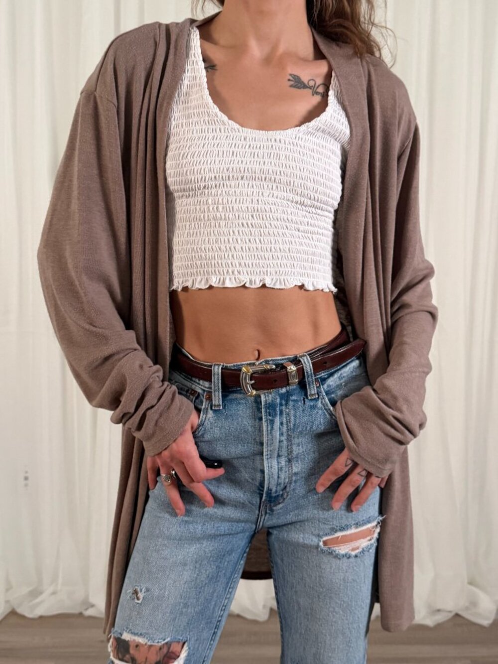 Doris Sena Tan Longline Open Front Cardigan Size Medium